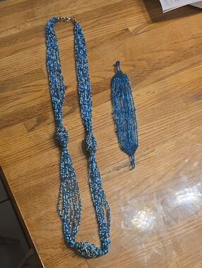 Handcrafted Blue Beaded Necklace and Bracelet Set